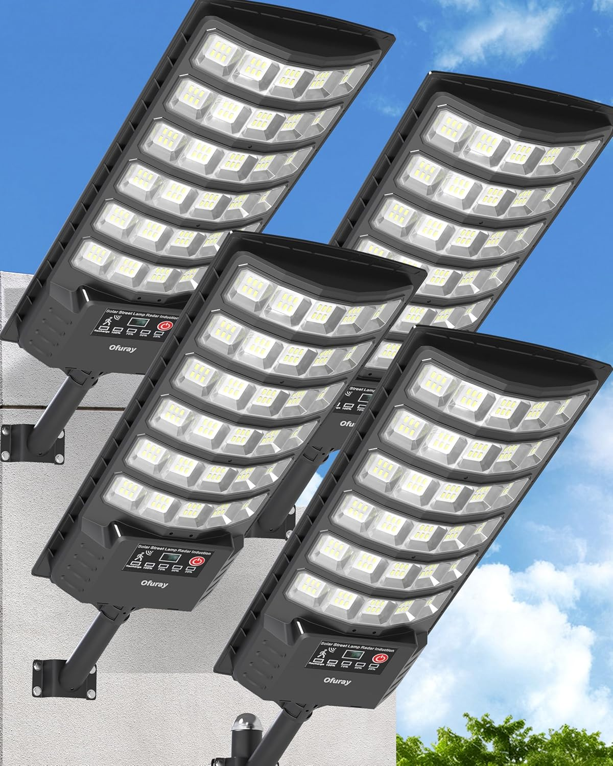 Ofuray Solar Flood Lights Outdoor,5AH High Power Solar Security Parking Lot Lights Dusk to Dawn with Motion Sensor Light 3 Modes,7000k Daylight with Remote Control for Wall,Backyard,Outside OZL-4Pack