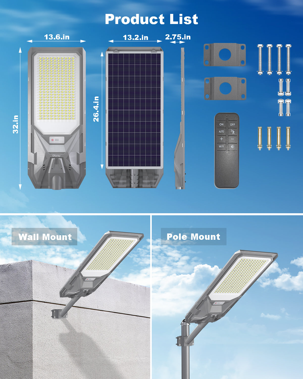 Ofuray Solar Street Light,SFL-OLL Max 36,000Mah High Power Solar Security Flood Lights Parking Lot Lights Commercial Dusk to Dawn, 6500k Waterproof Led with Motion Sensor for Street,Court,Barn
