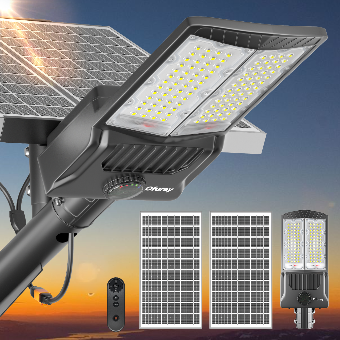 Ofuray Of-8800W Solar Street Lights Outdoor,IP67 Solar Security Flood Lights Parking Lot Commercial with Motion Sensor, 6500k Led Dusk to Dawn with Remote Control for Street,Park,Barn