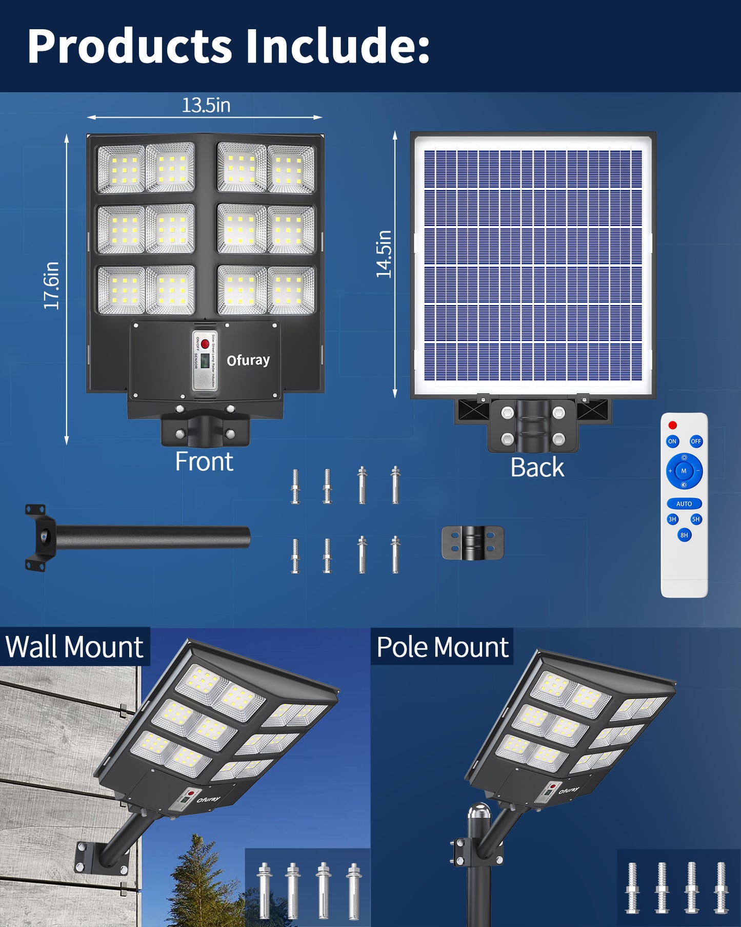 Ofuray Of-800W Solar Street Lights Outdoor,80000Lm Solar Security Flood Lights Parking Lot Lights Commercial Dusk to Dawn, 6500k Waterproof Led with Remote Control Motion for Street,Court,Barn