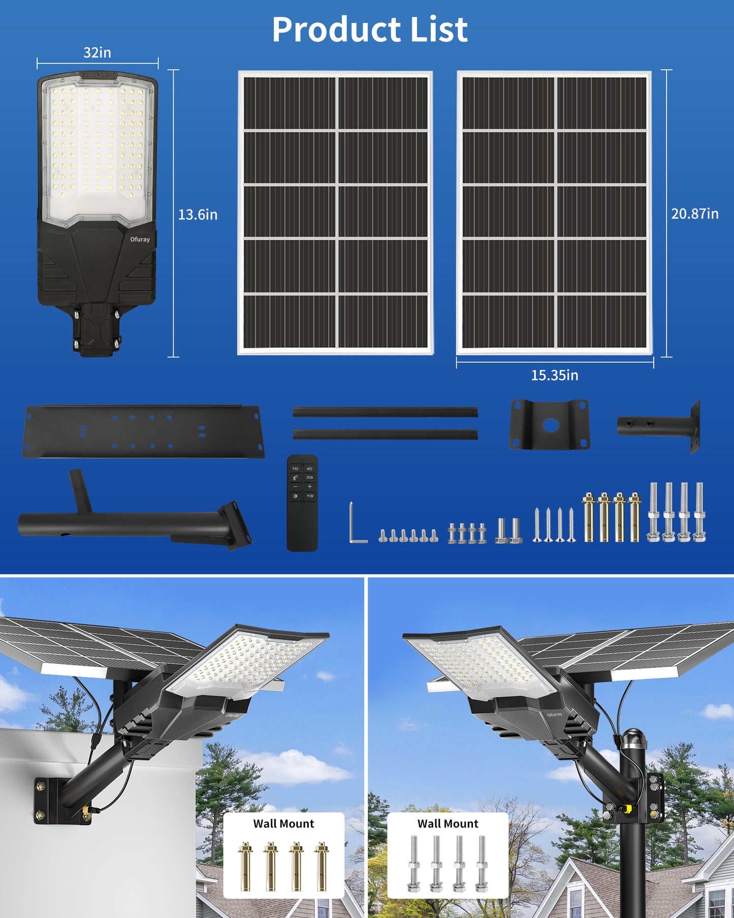 Ofuray Solar Street Light,SFL-OHF Max 60,000Mah High Power Solar Security Flood Lights Parking Lot Lights Commercial Dusk to Dawn,IP68 6500k Waterproof Led with Motion Sensor for Street,Court,Barn