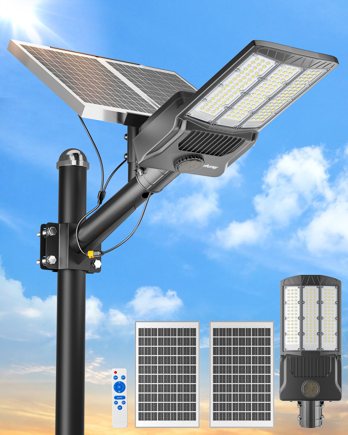 Ofuray Of-7800W Solar Street Lights Outdoorf, 600000Lm Solar Security Flood Lights Parking Lot Lights Commercial Dusk to Dawn, 6500k Street Led with Remote Control for Street,Court,Barn