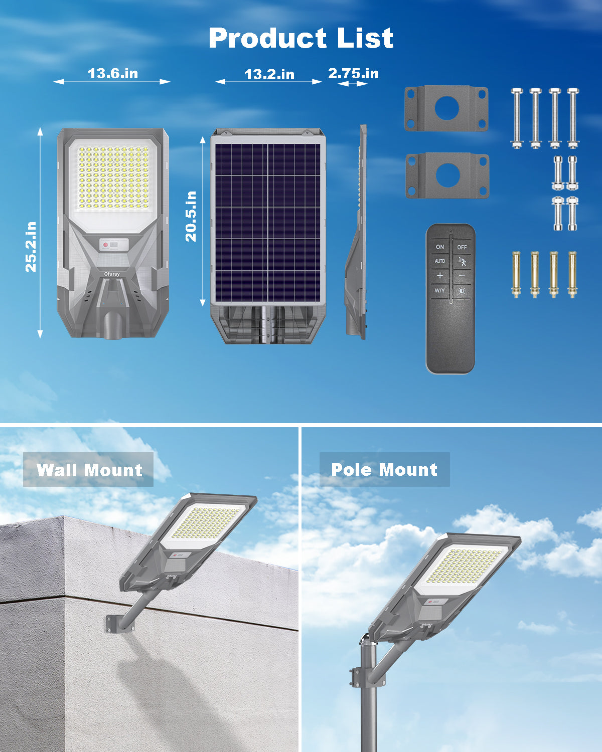 Ofuray Solar Street Light,SFL-OLL Plus 24,000Mah High Power Solar Security Flood Lights Parking Lot Lights Commercial Dusk to Dawn, 6500k Waterproof Led with Motion Sensor for Street,Court,Barn