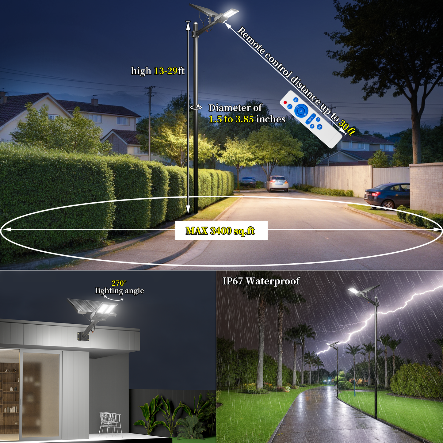 Ofuray Of-8800W Solar Street Lights Outdoor,IP67 Solar Security Flood Lights Parking Lot Commercial with Motion Sensor, 6500k Led Dusk to Dawn with Remote Control for Street,Park,Barn