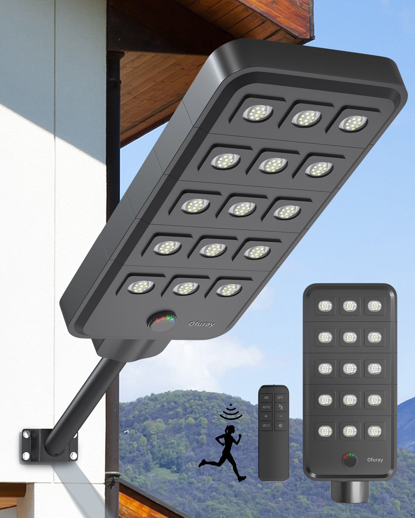 Ofuray Of-15000W Solar Street Lights Outdoor,Commercial Dusk to Dawn Flood Light with Motion Sensor, IP67 Waterproof 150LED High Power Security Lighting for Parking Lot, Yard(Tri-Color)