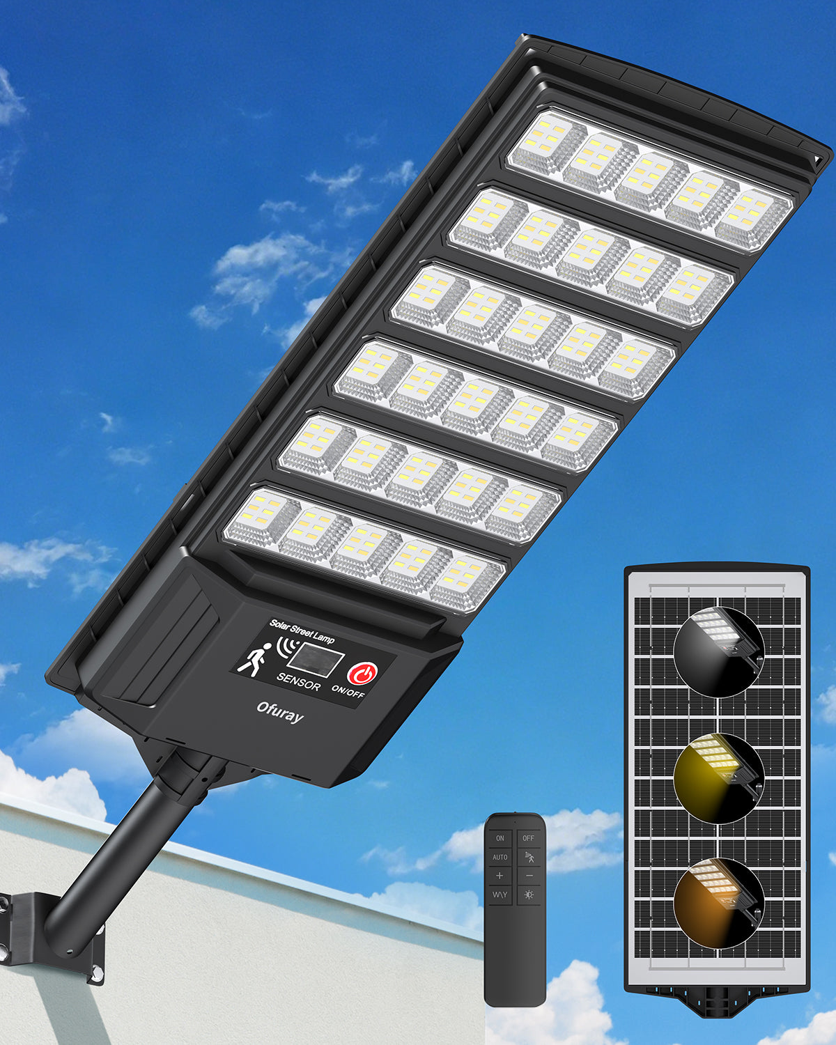 Ofuray Solar Flood Lights Outdoor, 3000K/4000K/6500K Dusk to Dawn Solar Security Light with Motion Sensor & Remote Control, IP66 Waterproof High Power LED Lighting for Yard & Backyard