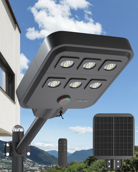 Ofuray Solar Street Lights Outdoor, 10W (60W Eqv) 800LM Powered Pole Light,60LED 18,000mAh 20W Solar Panel, IP67 Waterproof, Commercial Dusk to Dawn Flood Light for Driveway,Yard, Parking Lot