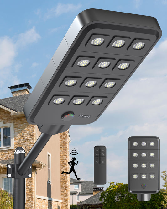 Ofuray Solar Street Lights Outdoor – 15W Super Bright 120LED, Lights up 2,800 sq.ft with Motion Sensor, 30Ah Power 35W Solar Panel,IP67 Dusk to Dawn Security Commercial Lighting for Court,Parking Lot