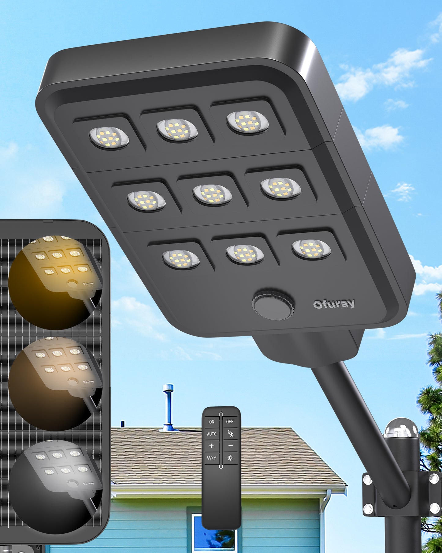 Ofuray Of-15000W Solar Street Lights Outdoor,Commercial Dusk to Dawn Flood Light with Motion Sensor, IP67 Waterproof 150LED High Power Security Lighting for Parking Lot, Yard(Tri-Color)