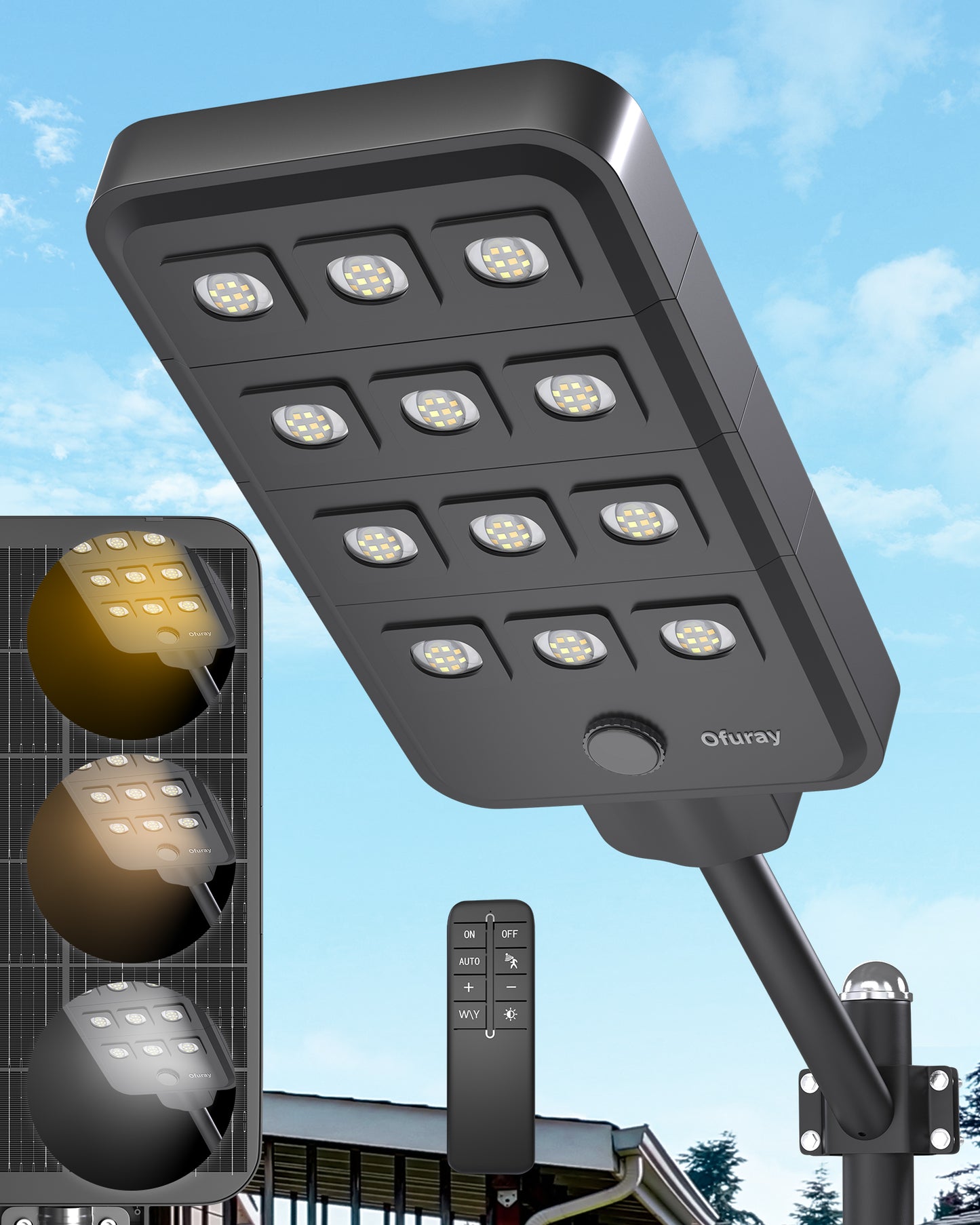 Ofuray Of-15000W Solar Street Lights Outdoor,Commercial Dusk to Dawn Flood Light with Motion Sensor, IP67 Waterproof 150LED High Power Security Lighting for Parking Lot, Yard(Tri-Color)
