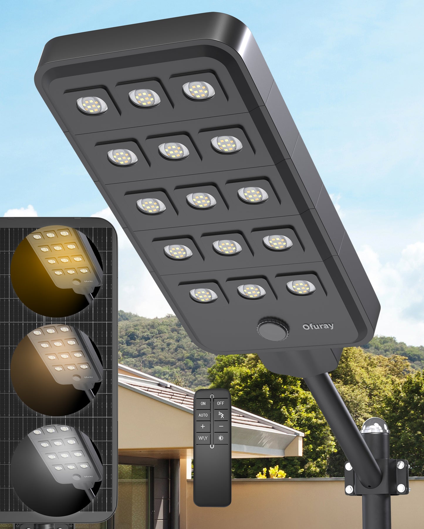 Ofuray Of-15000W Solar Street Lights Outdoor,Commercial Dusk to Dawn Flood Light with Motion Sensor, IP67 Waterproof 150LED High Power Security Lighting for Parking Lot, Yard(Tri-Color)