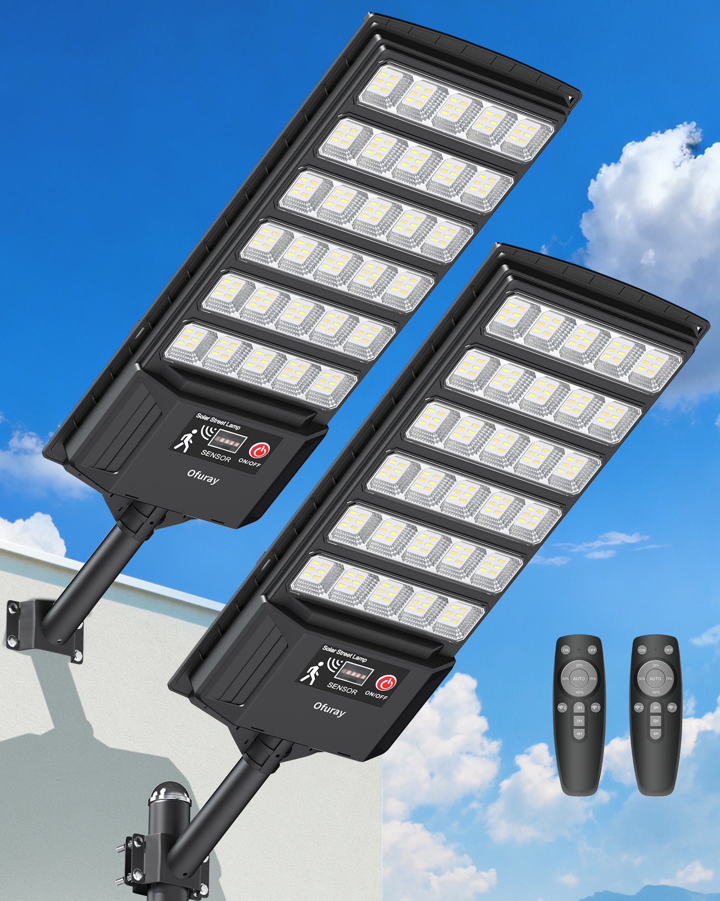 Ofuray Solar Flood Lights Outdoor,6AH High Power Solar Street Security Parking Lot Lights Dusk to Dawn with Motion Sensor 5 Modes,3000K/4000K/6500K Daylight with Remote for Wall,Backyard,Outside 2Pack
