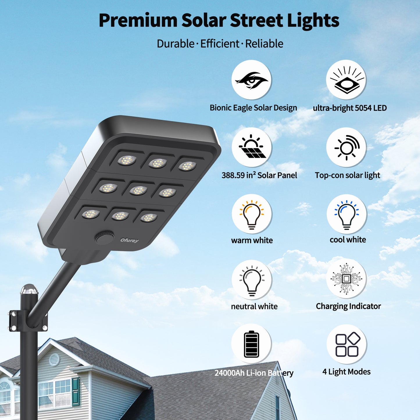 Ofuray Of-9600W Solar Street Lights Outdoor,Commercial Dusk to Dawn Flood Light with Motion Sensor, IP67 Waterproof 90LED High Power Security Lighting for Parking Lot,Yard(Tri-Color)