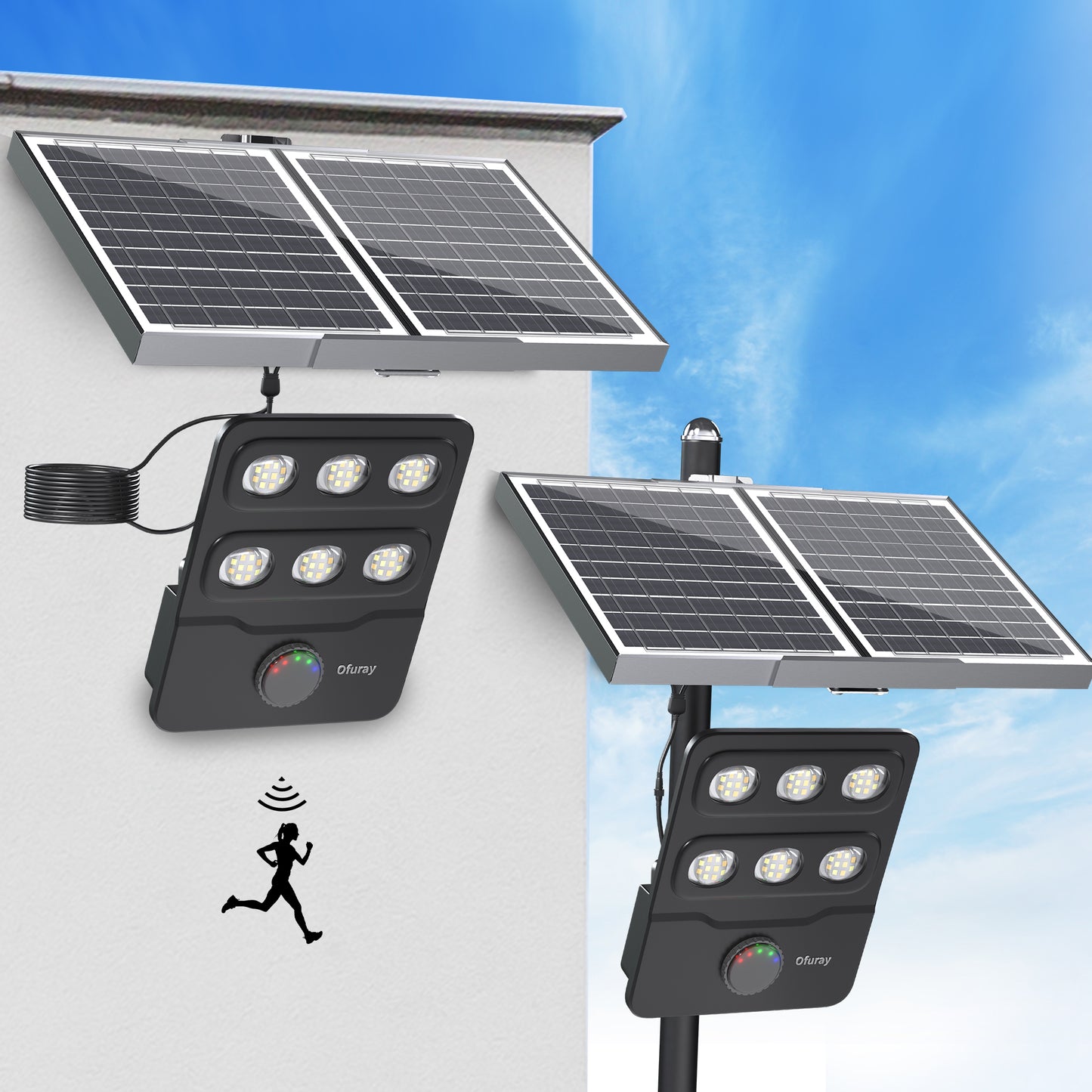 Ofuray 100W Solar Flood Lights Outdoor,18Ah High-Power Solar Street Light with Motion Sensor, 4 Lighting Modes, 3000K / 4000K / 6500K, Dusk to Dawn, 9.8FT Cable, Adjustable Angle, Pole & Wall Mount