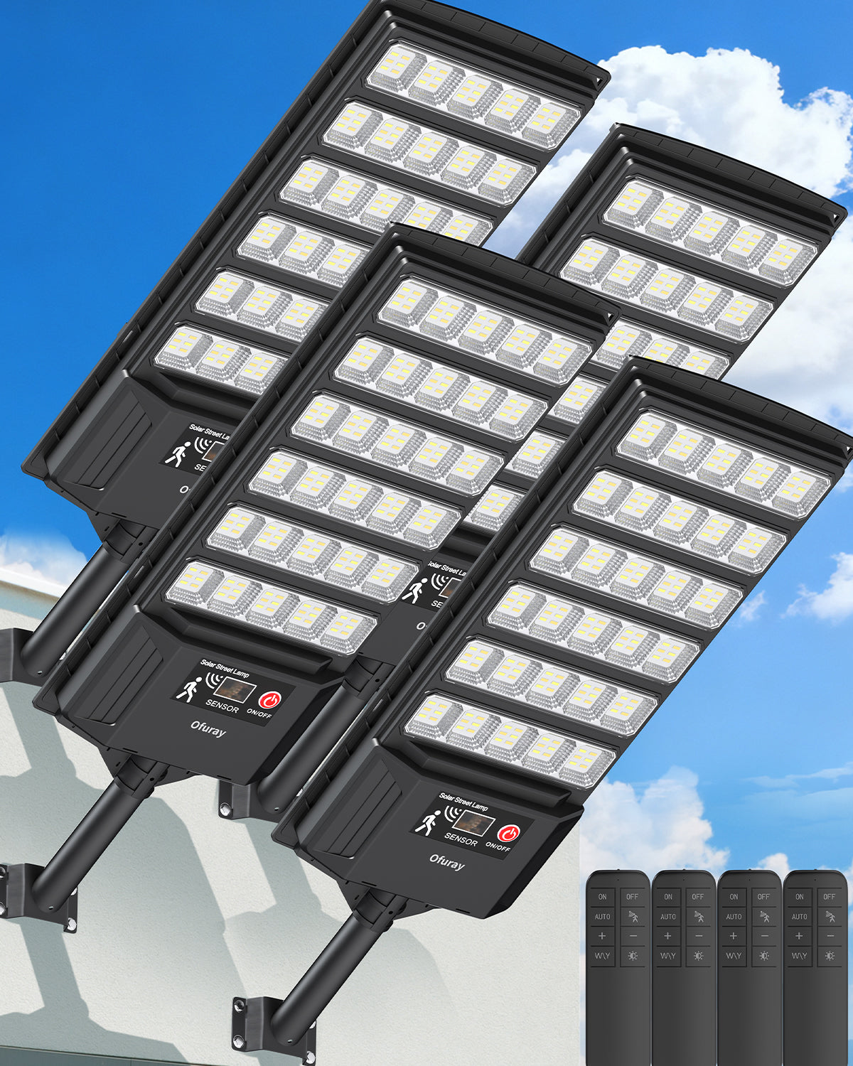 Ofuray Solar Flood Lights Outdoor, High Power Dusk to Dawn Solar Security Light with Remote Control, IP66 Waterproof 6500K LED Lighting with Motion Sensor for Yard, Wall, Backyard & Outside ONL-4Pack