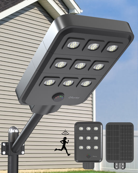 Ofuray Solar Street Lights Outdoor, 12W (75W Eqv) 1000LM Powered Pole Light,90LED 24,000mAh 27W Solar Panel, IP68 Waterproof, Commercial Dusk to Dawn Flood Light for Driveway,Yard, Parking Lot