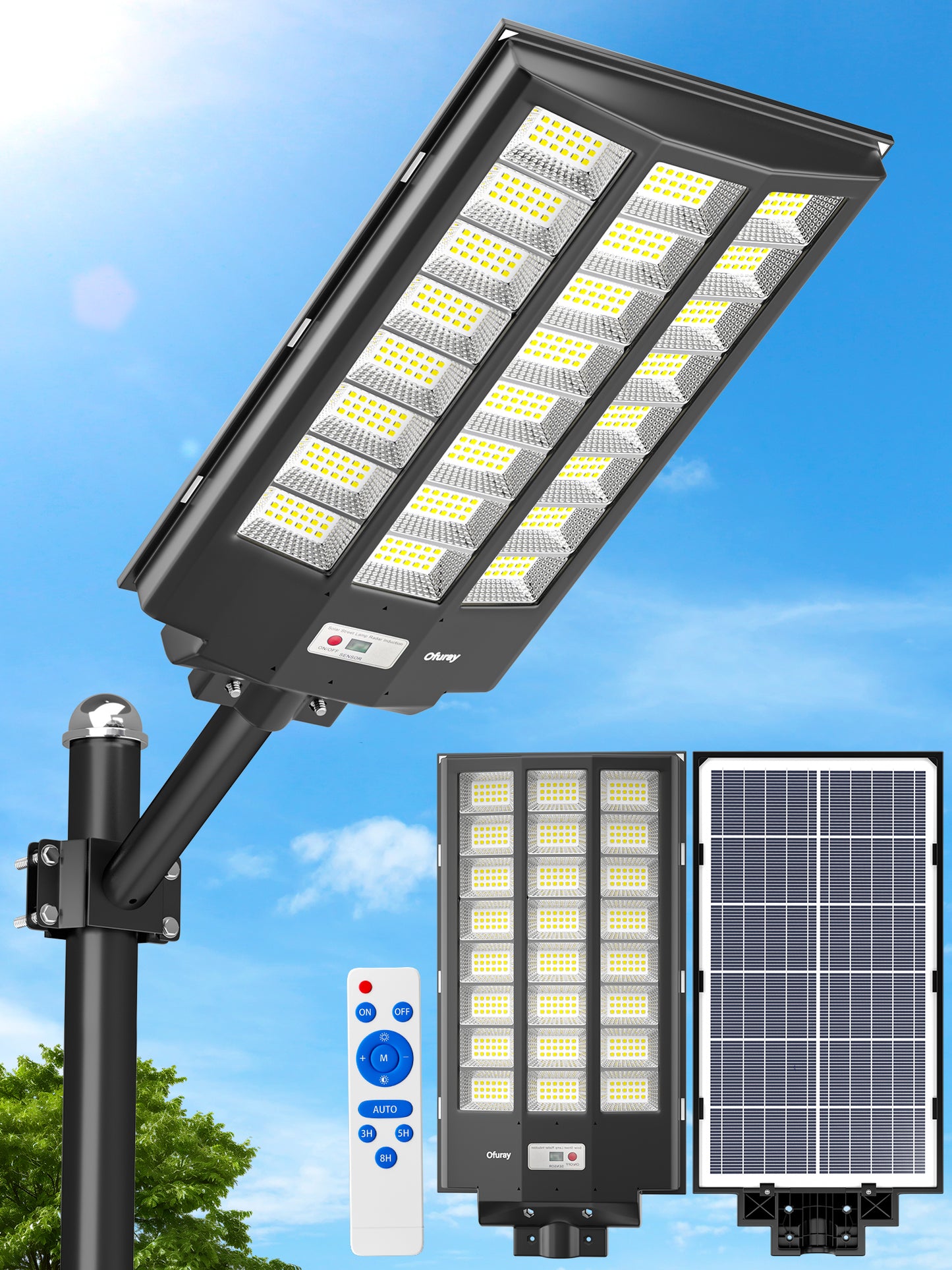 Ofuray Of-8600W Solar Street Lights Outdoor, 600000LM Solar Security Flood Lights Parking Lot Lights Dusk to Dawn, 6500k Waterproof Led with Remote Control Motion for Street,Court,Barn