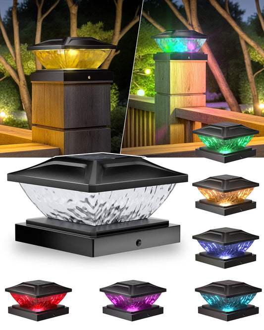 Ofuray Solar Post Cap Lights,8Pack Fence Deck Post Cap Solar Powered Lights RGB with Two Modes,Fit for 4x4 5x5 Post with 3 Bases,Ip64 Waterproof Outdoor for Fence Deck Mailbox Stairway Black