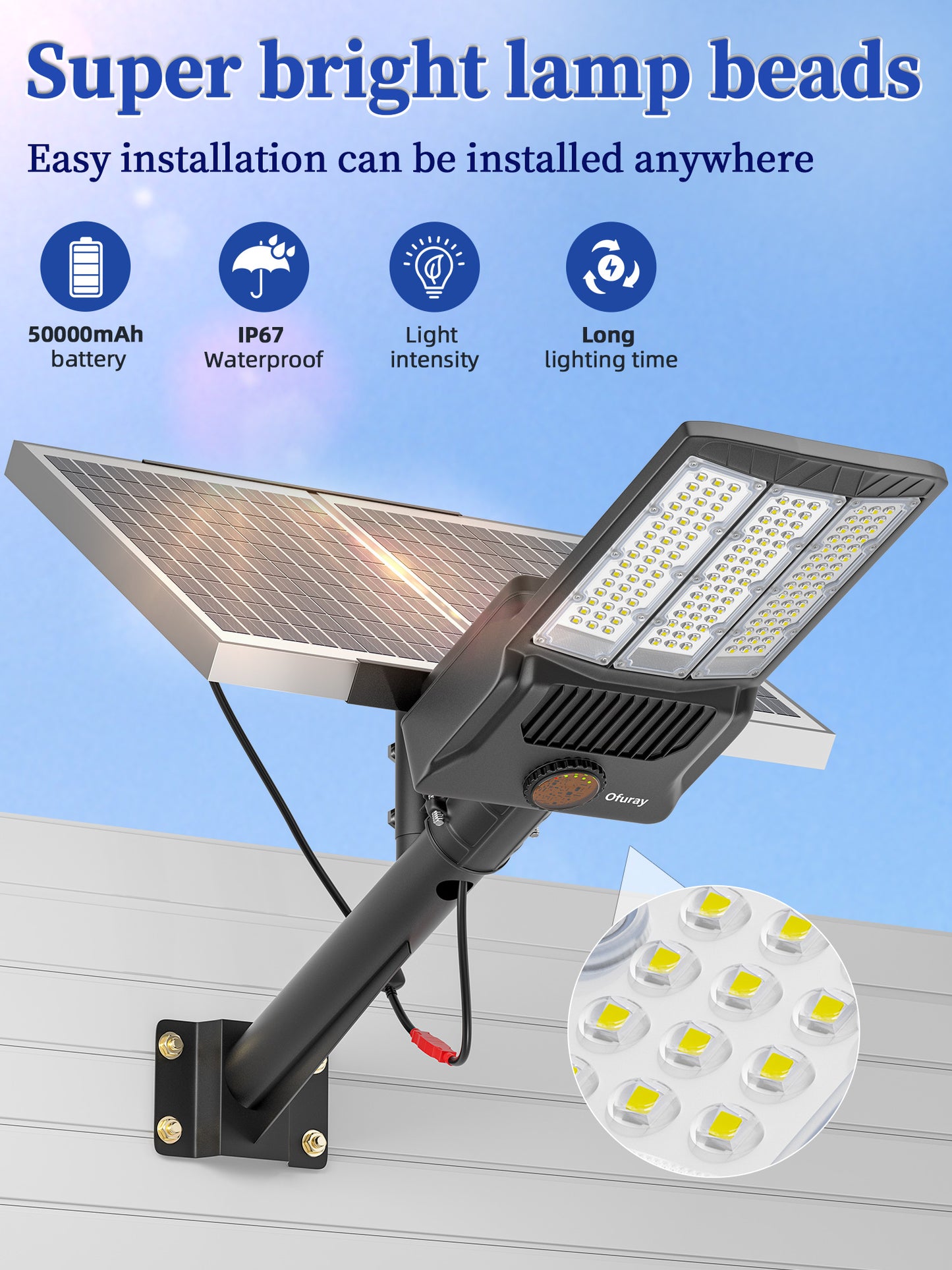 Ofuray Of-9800W Solar Street Lights Outdoor, 750000Lm Solar Parking Lot Lights Commercial Dusk to Dawn, 6500k IP67 Big Power with Remote Control for Street,Court,Yard