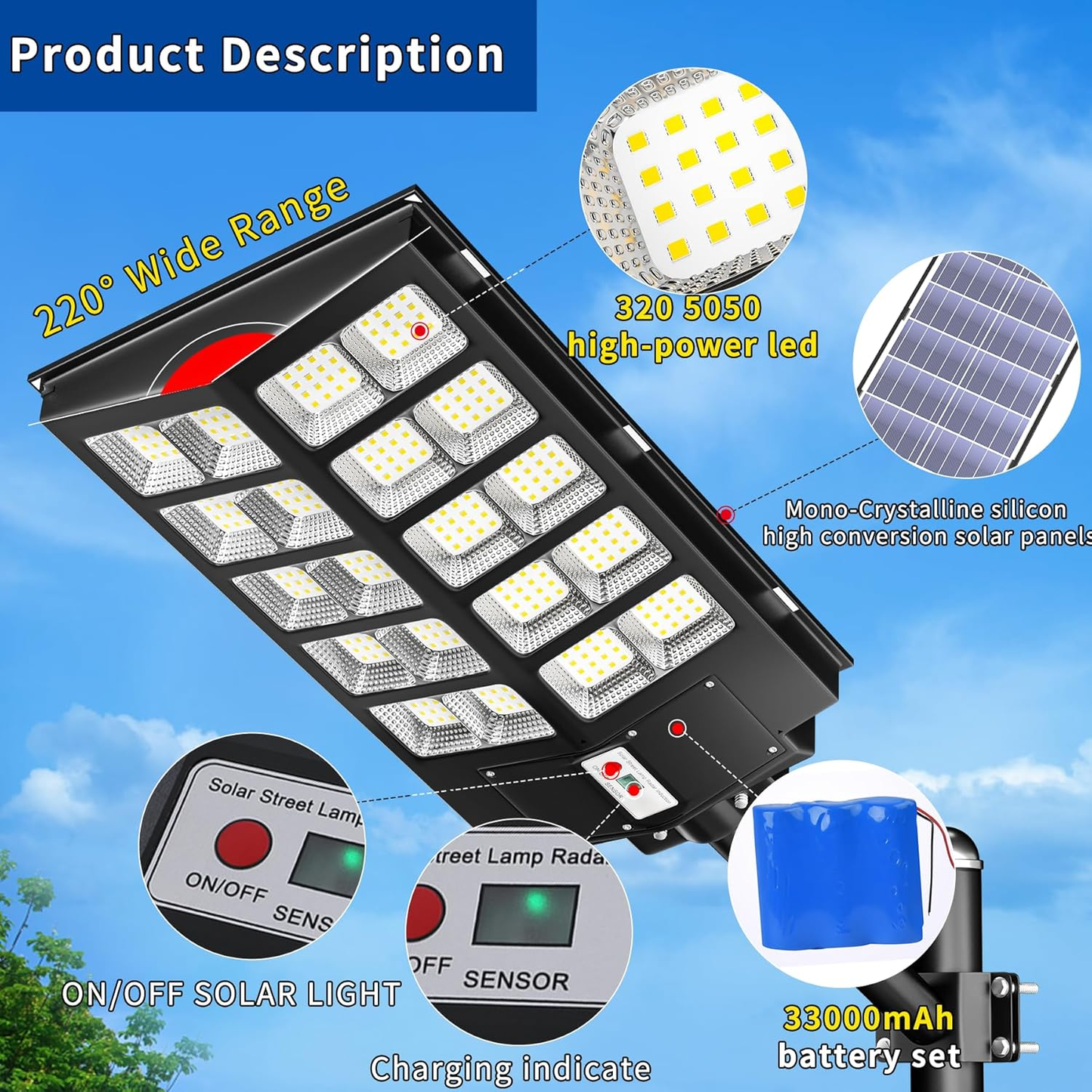 Solar Street Lights Outdoor,Solar Security Flood Lights Parking Lot Lights Commercial Dusk to Dawn, 6500k Waterproof Led with Remote Control Motion for Street,Court,Barn (Of-6000W 600000Lm)