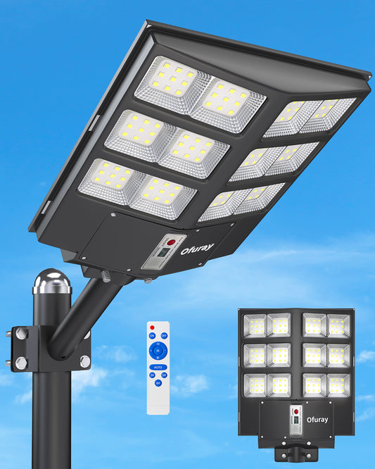 Ofuray Of-800W Solar Street Lights Outdoor,80000Lm Solar Security Flood Lights Parking Lot Lights Commercial Dusk to Dawn, 6500k Waterproof Led with Remote Control Motion for Street,Court,Barn