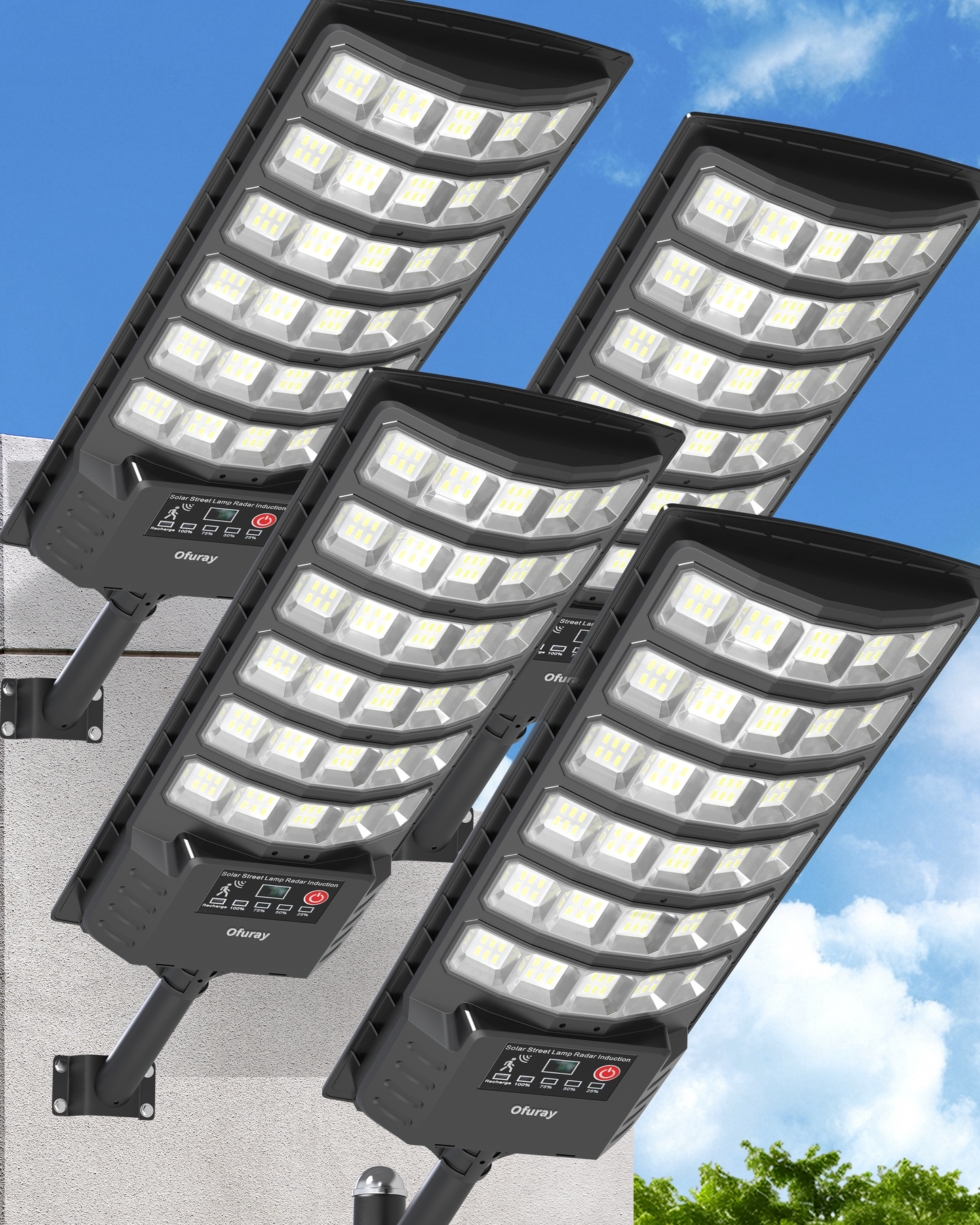 Ofuray Lampadaire Solaire Exterieur, Projecteur LED Solaire Exterieur avec Detecteur de Mouvement, 5000MAH, 7000k, 5 Modes Éclairage, Étanche Lampe Solaire pour Jardin, Cour, Parking, OZL-4Pack