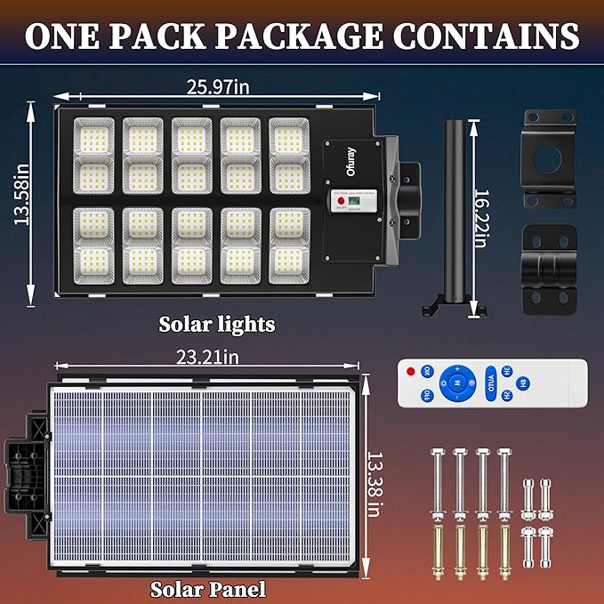 Ofuray 1600W Solar Street Lights Outdoor Waterproof, 248000LM Solar Parking Lot Security Flood Lights Commercial Dusk to Dawn, 6500k IP67 Street Led with Remote Control for Road,Court