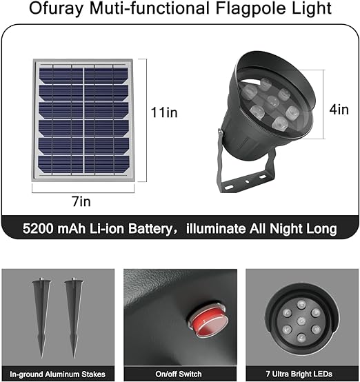 Ofuray Solar Flag Pole Light Outdoor, Brightest Flag Pole Light Solar Powered, American Flag Coverage Led Solar Flag Pole Lights Outdoor Dusk to Dawn fit 1.5''-4'' Flagpole for House Inground