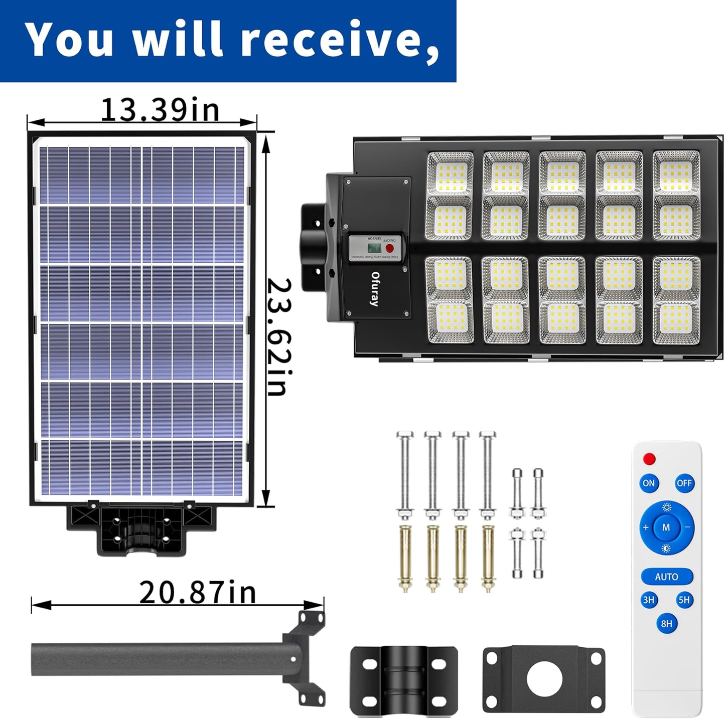 Solar Street Lights Outdoor,Solar Security Flood Lights Parking Lot Lights Commercial Dusk to Dawn, 6500k Waterproof Led with Remote Control Motion for Street,Court,Barn (Of-6000W 600000Lm)