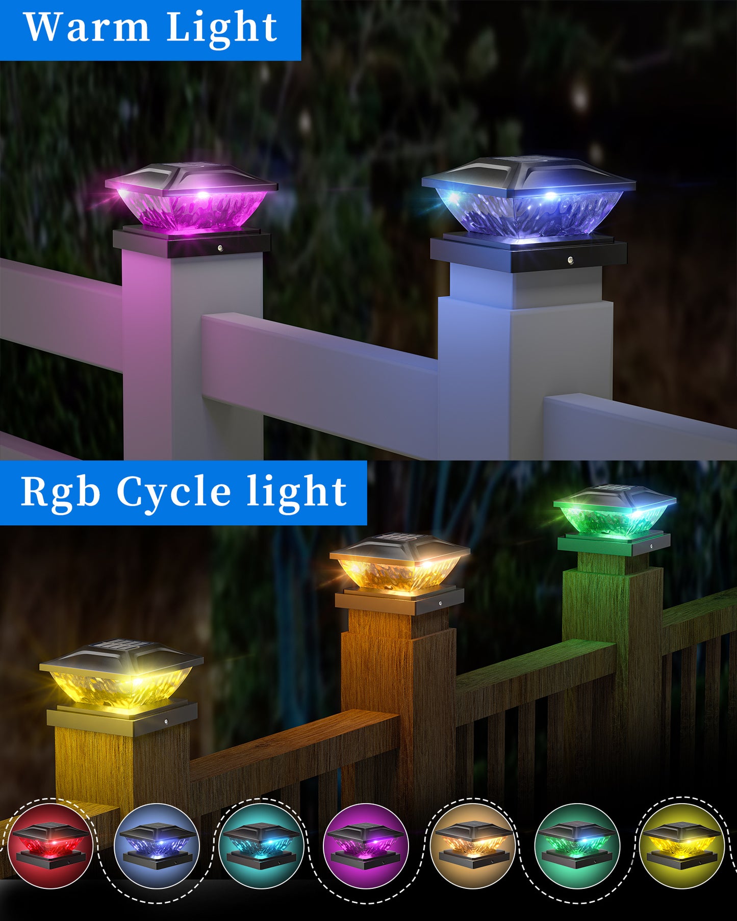 Ofuray Solar Post Cap Lights,8Pack Fence Deck Post Cap Solar Powered Lights RGB with Two Modes,Fit for 4x4 5x5 Post with 3 Bases,Ip64 Waterproof Outdoor for Fence Deck Mailbox Stairway Black
