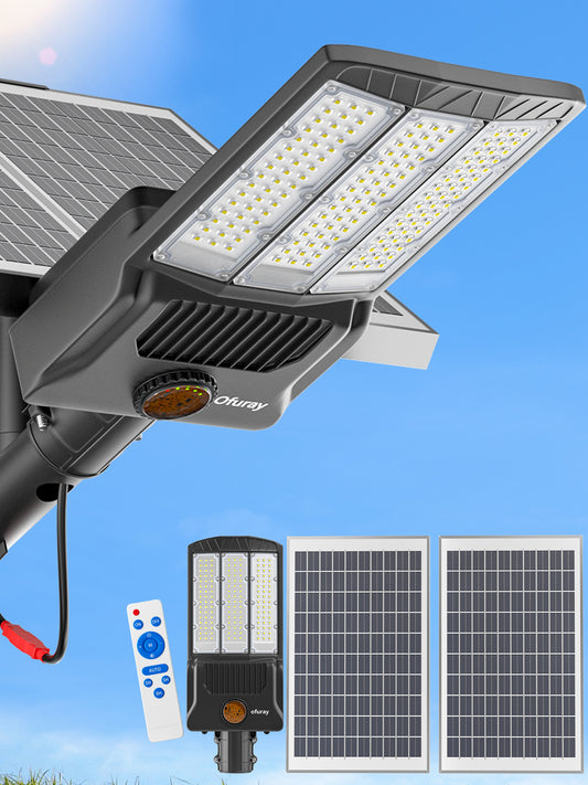 Ofuray Solar Street Lights Outdoor, Of-12000W Commercial Parking Lot Light Solar Security Flood Light, 6500K LED Area Light, Dusk to Dawn IP67 Waterproof, Remote Control for Streets, Courts, Yards