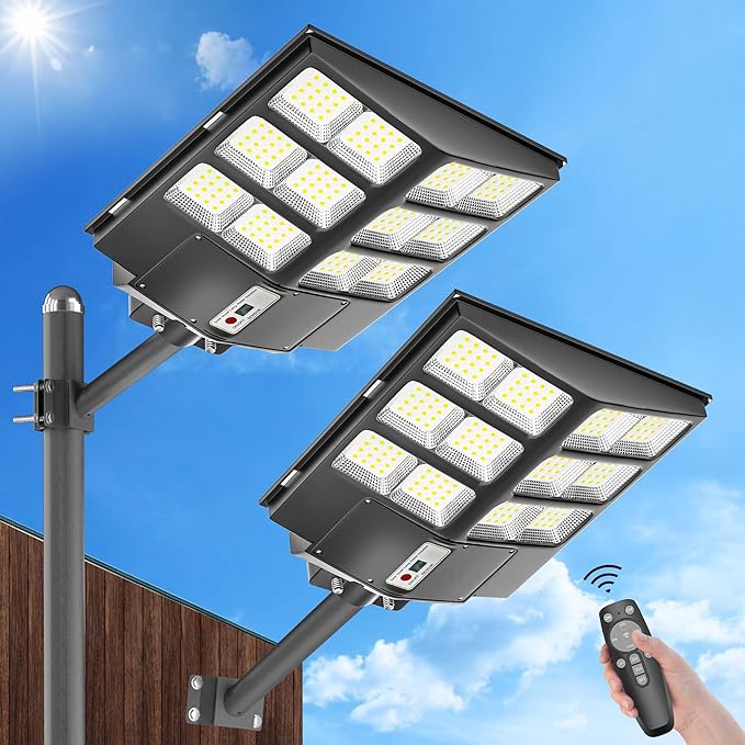 Solar Street Light Outdoor Waterproof, 800W Solar Parking Lot Lights Commercial Dusk to Dawn 6500k Led Security Lights with Motion Sensor and Remote Control IP67 Waterproof for Yard, Street 2PCS