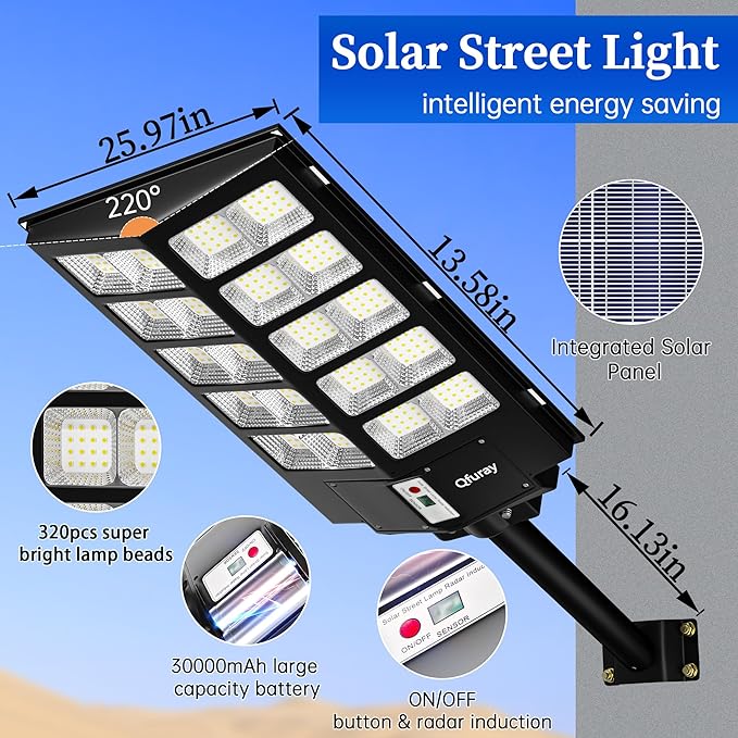 Ofuray 1000W Solar Street Light, Solar Lights Outdoor Waterproof 148000LM Parking Lot Lights Commercial Dusk to Dawn, 6500k Street Lights with Remote Control Motion Sensor for Street,Yard, Barn