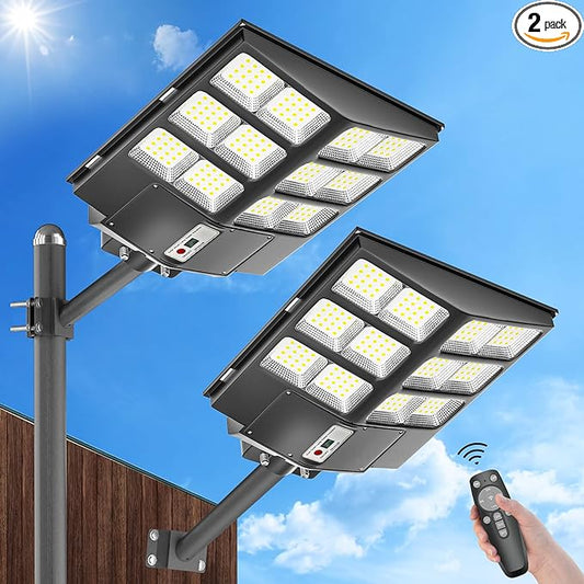 Ofuray Solar Street Light Outdoor Waterproof,6500K Outdoor LED Street Light Dusk to Dawn,600W LED Wide Angle Lamp with Motion Sensor and Remote Control,for Parking Lot,Yard,2Pack