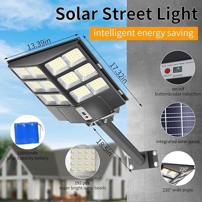 Ofuray Solar Street Light Outdoor Waterproof,6500K Outdoor LED Street Light Dusk to Dawn,600W LED Wide Angle Lamp with Motion Sensor and Remote Control,for Parking Lot,Yard,2Pack