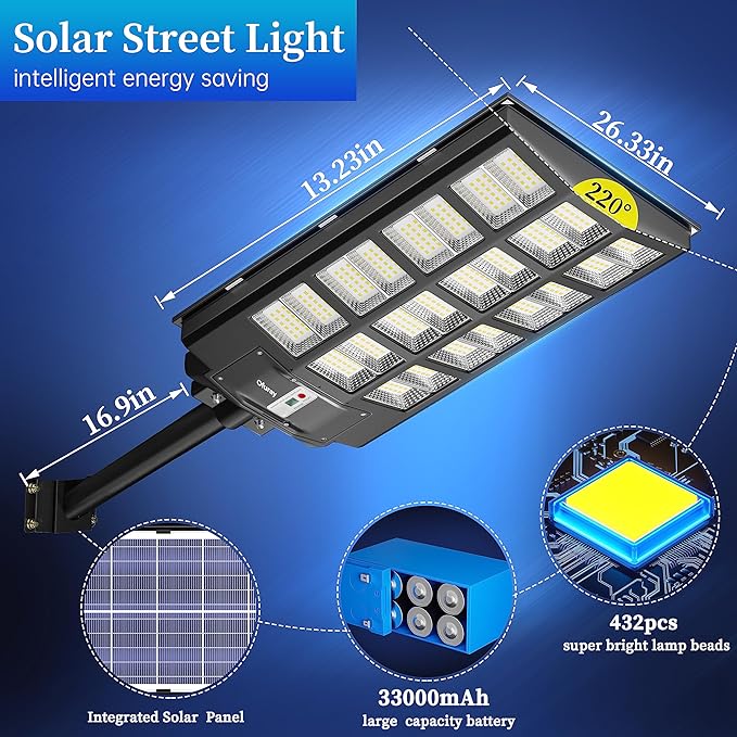 Ofuray 1800W Solar Street Light Outdoor, 258000LM Solar Street Light Parking Lot Lights Commercial Dusk to Dawn, 6500k IP67 Waterproof Led with Remote Control Motion for Street,Court,Tree