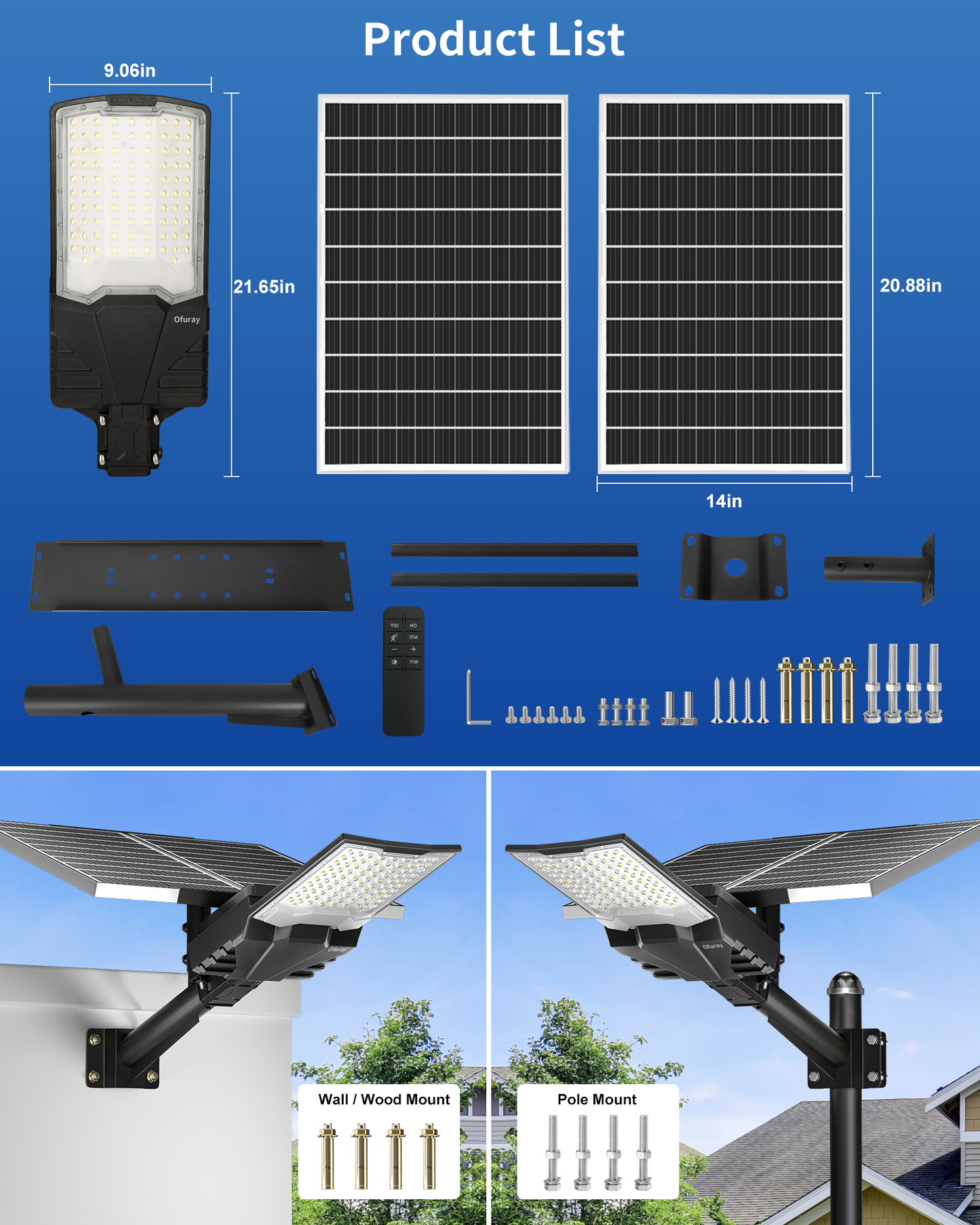Ofuray Solar Street Lights Outdoor,OL-10000W 50,000Mah High Power Solar Security Flood Lights Parking Lot Lights Commercial Dusk to Dawn,IP67 6500k Led with Remote for Street,Court,Barn