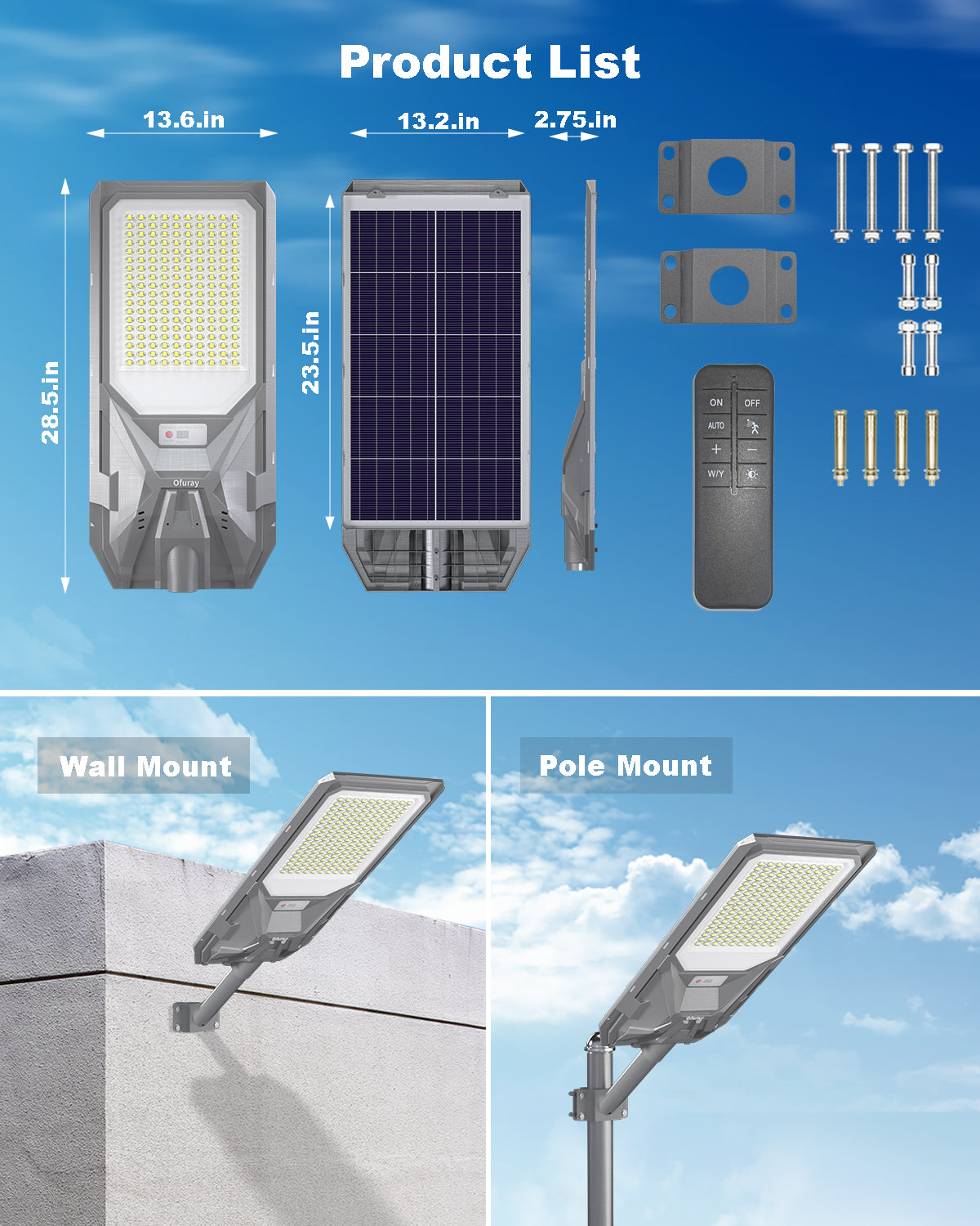 Ofuray Solar Street Light,SFL-OLL Pro 30,000Mah High Power Solar Security Flood Lights Parking Lot Lights Commercial Dusk to Dawn, 6500k Waterproof Led with Motion Sensor for Street,Court,Barn